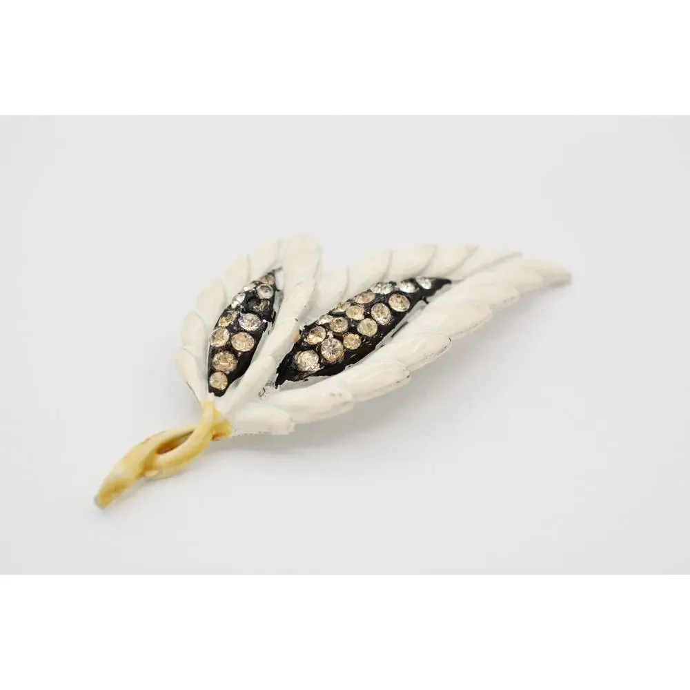 Vintage Leaf Pin Brooch Rhinestone Crystal White Enamel Chunky 1990s BinAT